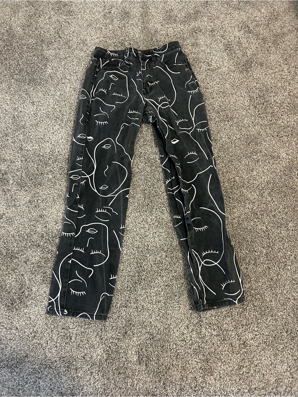 Shein XS Face Jeans Gray Black White Straight Leg Eyes